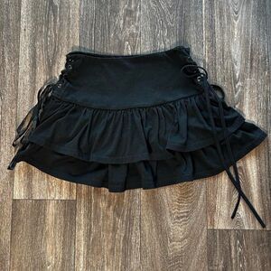 Black Lace-Up Ruffle Mini Skirt